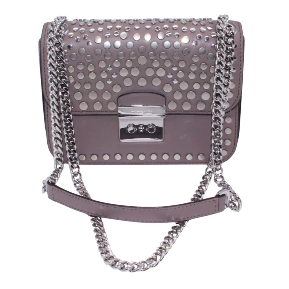 Michael Kors SATCHEL Shoulder Bag Purse Logo Gray Leather Chain Silver Studded